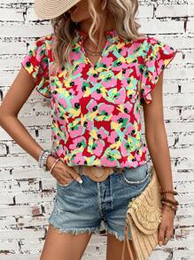 SHEIN VCAY 滿版印花缺口領蝴蝶袖襯衫 - 彩色 - 查看 1