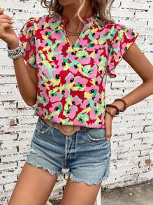 SHEIN VCAY 滿版印花缺口領蝴蝶袖襯衫 - 彩色 - 查看 6