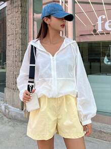 DAZY Solid Zip Up Drawstring Hooded Jacket - White - View 8