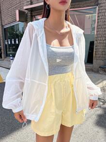 DAZY Solid Zip Up Drawstring Hooded Jacket - White - View 4