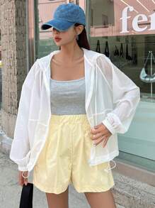 DAZY Solid Zip Up Drawstring Hooded Jacket - White - View 5