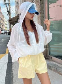 DAZY Solid Zip Up Drawstring Hooded Jacket - White - View 7