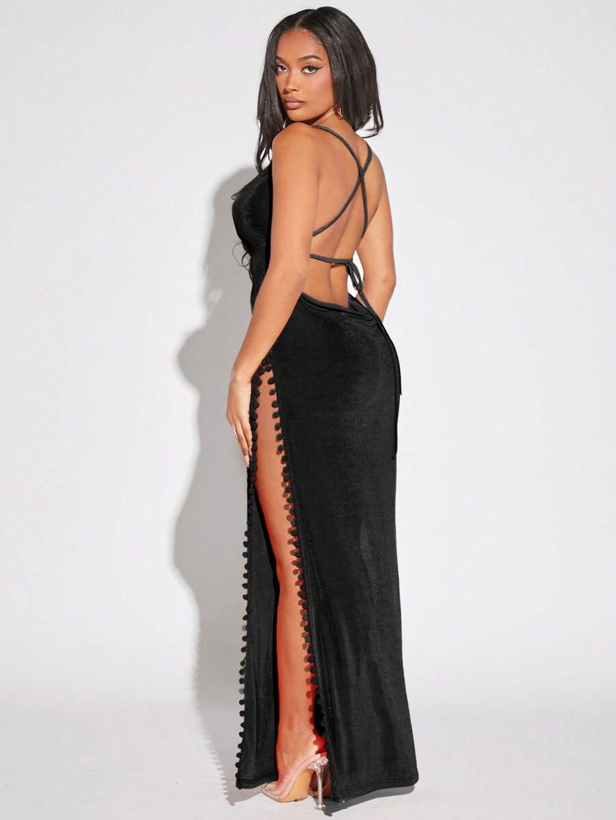 SHEIN SXY Crisscross Backless Tách đùi Váy Dây - màu đen - Xem 1