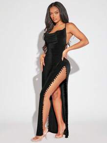 SHEIN SXY Crisscross Backless Tách đùi Váy Dây - màu đen - Xem 2