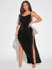 SHEIN SXY Crisscross Backless Tách đùi Váy Dây - màu đen - Xem 3