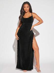 SHEIN SXY Crisscross Backless Tách đùi Váy Dây - màu đen - Xem 5