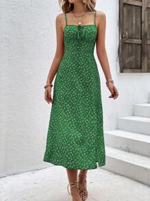 SHEIN Frenchy Đầm Tách cao Thắt nơ trước Nếp gấp Phần Ngực Họa tiết hoa Boho - màu xanh lá - Xem 5