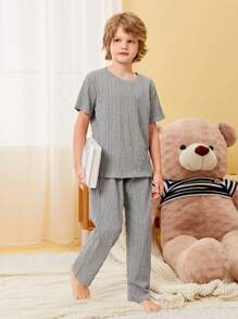 SHEIN Boys Solid Tee & Trousers PJ Set - Light Grey - View 2
