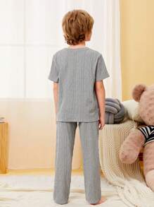SHEIN Boys Solid Tee & Trousers PJ Set - Light Grey - View 4