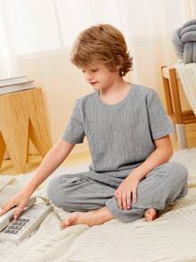 SHEIN Boys Solid Tee & Trousers PJ Set - Light Grey - View 6