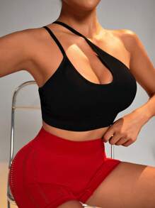 SHEIN Yoga Sxy One Shoulder Cut Out Sports Bra - Black - View 1