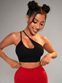 SHEIN Yoga Sxy One Shoulder Cut Out Sports Bra - Black - View 2