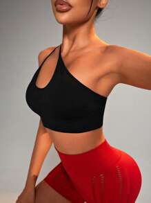 SHEIN Yoga Sxy One Shoulder Cut Out Sports Bra - Black - View 4