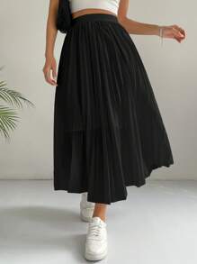 SHEIN EZwear Jupe Plissée Unicolore - Noir - Voir 1