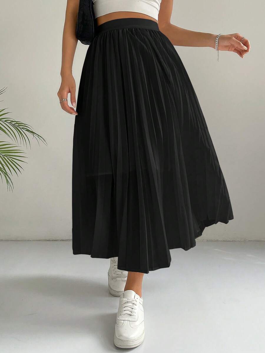 SHEIN EZwear Jupe Plissée Unicolore - Noir - Voir 1