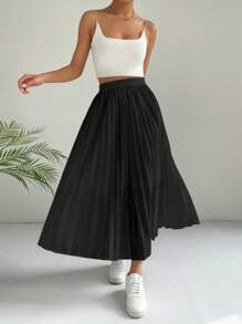 SHEIN EZwear Jupe Plissée Unicolore - Noir - Voir 4