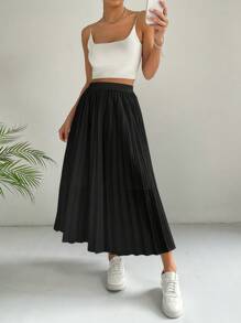 SHEIN EZwear Jupe Plissée Unicolore - Noir - Voir 5