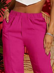 SHEIN SXY Pantalones unicolor con bolsillo oblicuo - Rosa Fucsia - Ver 3
