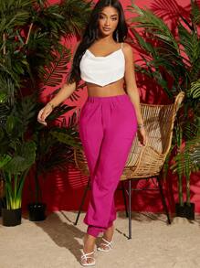 SHEIN SXY Pantalones unicolor con bolsillo oblicuo - Rosa Fucsia - Ver 5