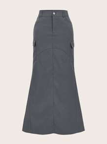 SHEIN EZwear Hơn Túi nắp bên cạnh Nàng tiên cá Hem Váy chở hàng - Xám - Xem 1