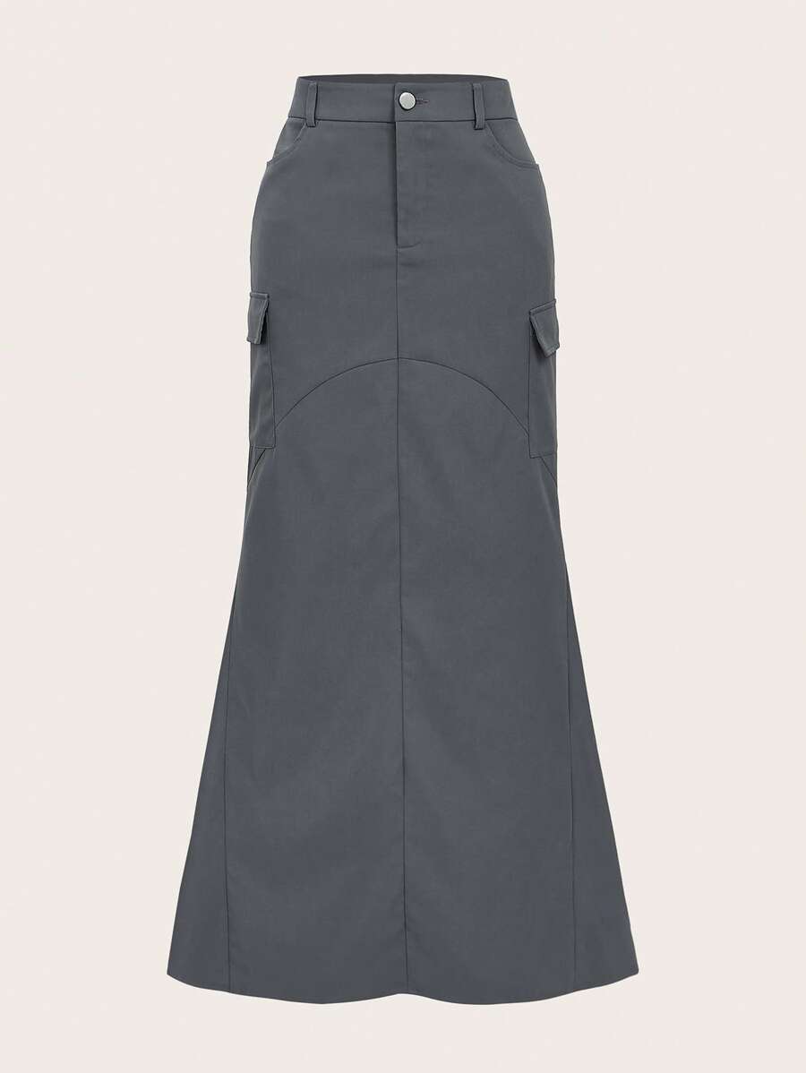 SHEIN EZwear Hơn Túi nắp bên cạnh Nàng tiên cá Hem Váy chở hàng - Xám - Xem 1