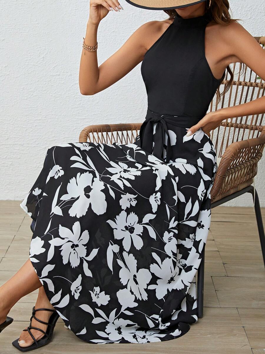 SHEIN LUNE Robe Ras-Du-Cou Imprimé Floral Ceinturé - Noir et Blanc - Voir 1