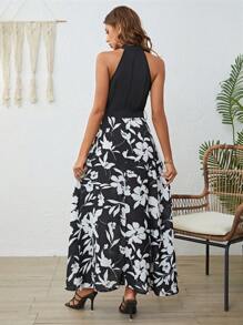 SHEIN LUNE Robe Ras-Du-Cou Imprimé Floral Ceinturé - Noir et Blanc - Voir 2