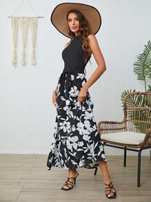 SHEIN LUNE Robe Ras-Du-Cou Imprimé Floral Ceinturé - Noir et Blanc - Voir 3