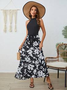 SHEIN LUNE Robe Ras-Du-Cou Imprimé Floral Ceinturé - Noir et Blanc - Voir 4