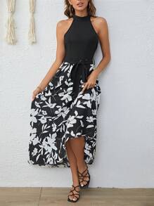 SHEIN LUNE Robe Ras-Du-Cou Imprimé Floral Ceinturé - Noir et Blanc - Voir 5