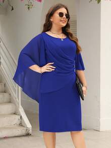 Plus Ruched Cloak Sleeve Dress - Blue - View 3