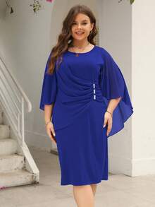 Plus Ruched Cloak Sleeve Dress - Blue - View 6