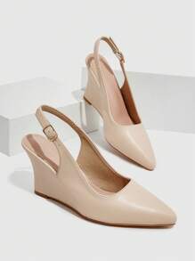 女士帶扣細節坡跟鞋,優雅露跟淺口坡跟鞋 - 杏色 - 查看 5