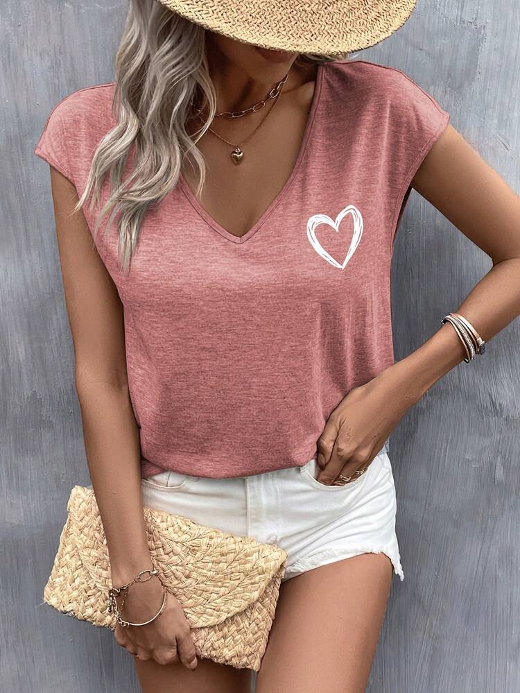 Summer Outfits Heart Print Batwing Sleeve Tee