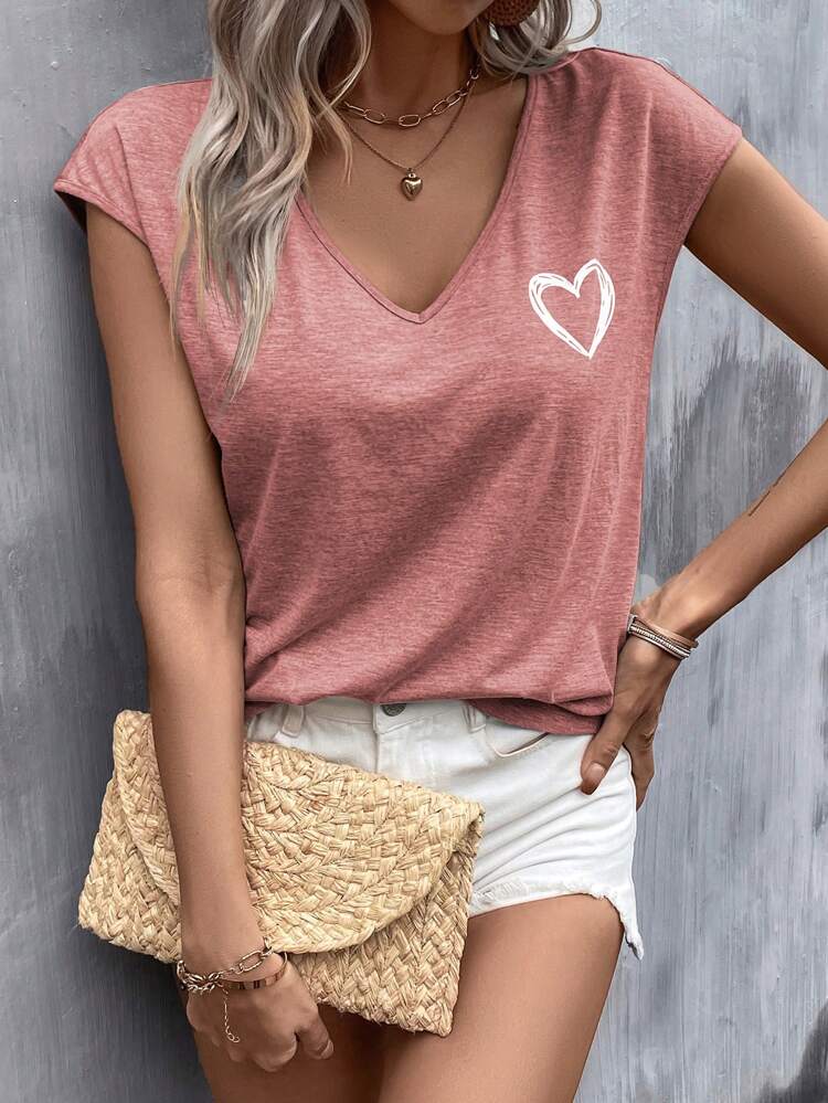 Summer Outfits Heart Print Batwing Sleeve Tee