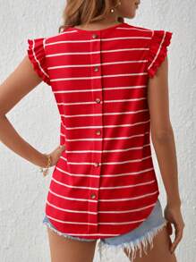 SHEIN LUNE 條紋印花後紐扣荷葉邊T恤 - 紅色 - 查看 1