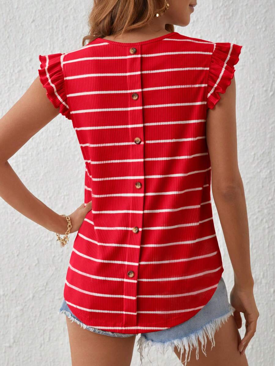 SHEIN LUNE 條紋印花後紐扣荷葉邊T恤 - 紅色 - 查看 1