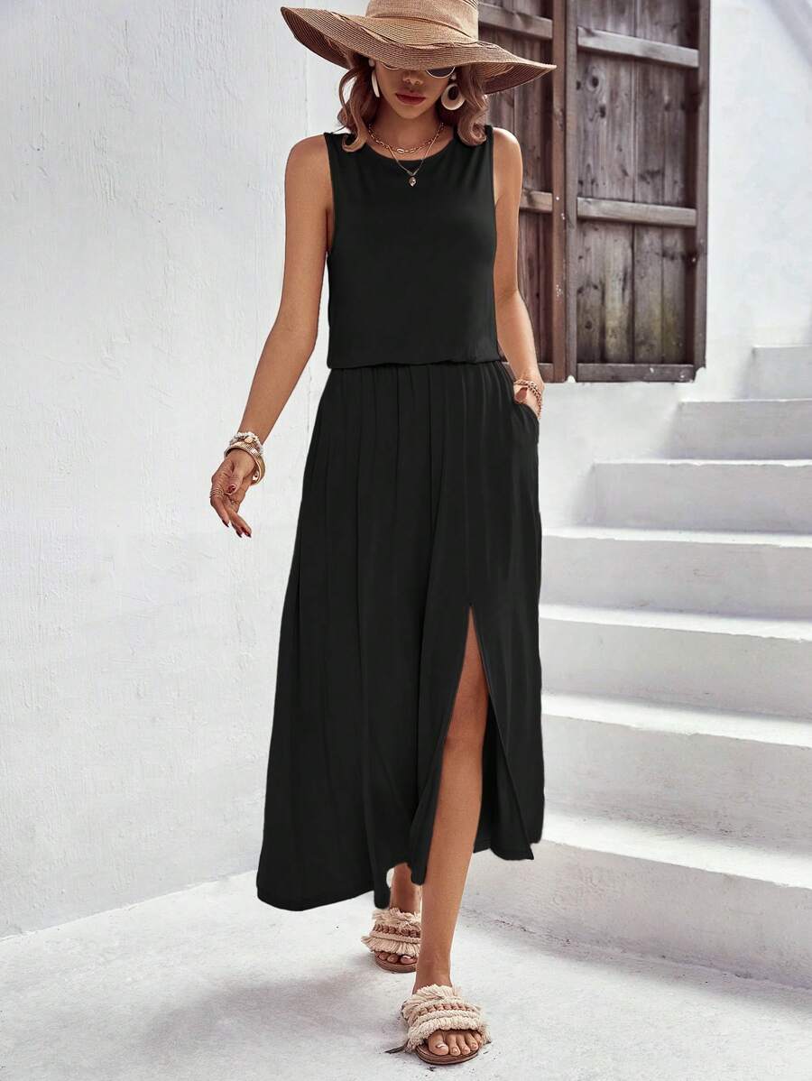 SHEIN LUNE Đầm Túi Tách cao màu trơn Giải trí - màu đen - Xem 1