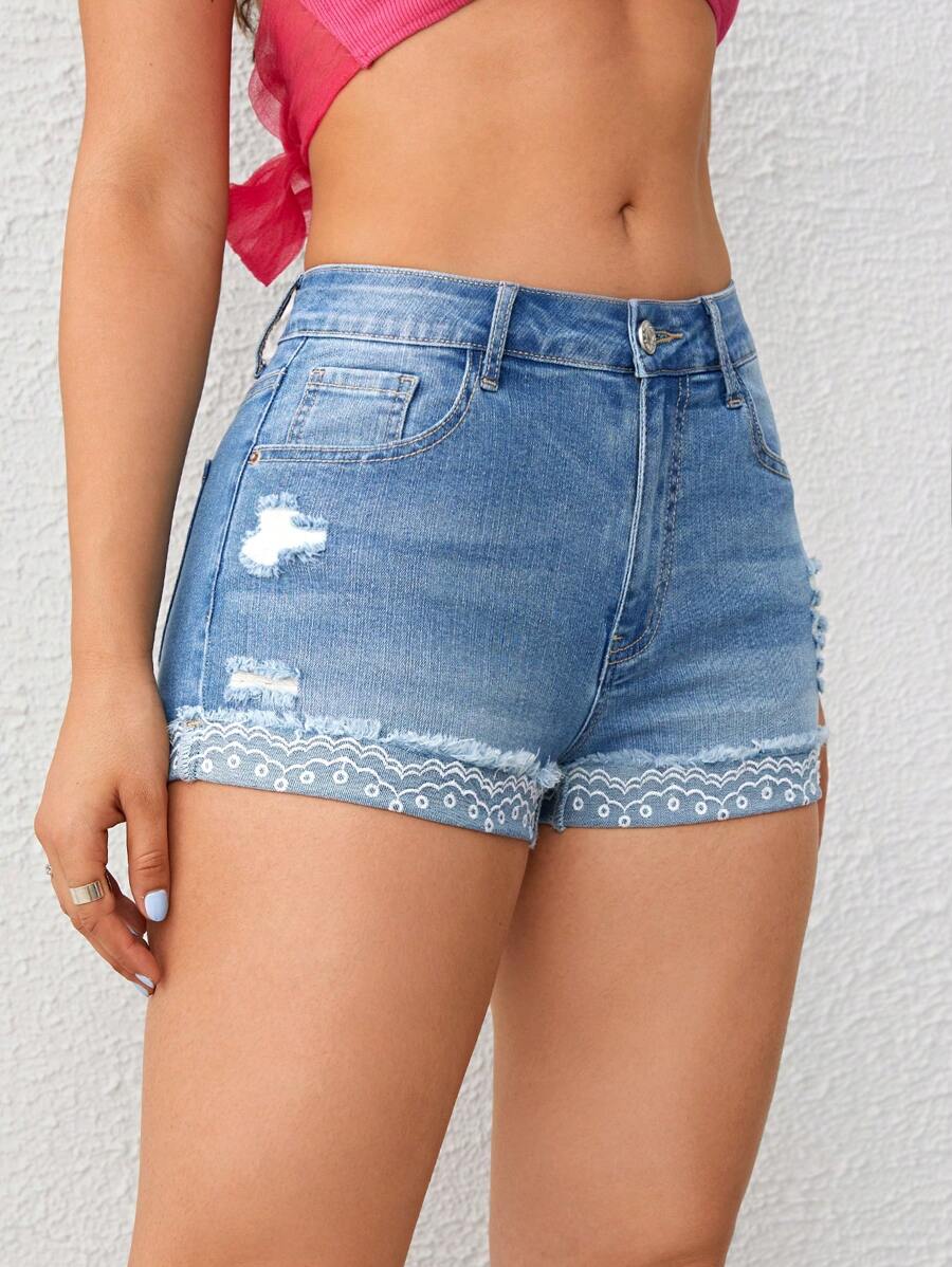 SHEIN EZwear Rách Quần short Denim - Rửa nhẹ - Xem 1