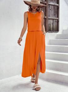 SHEIN LUNE Chất rắn Tách đùi Đầm - trái cam - Xem 1