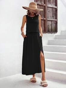 SHEIN LUNE Đầm Túi Tách cao màu trơn Giải trí - màu đen - Xem 5