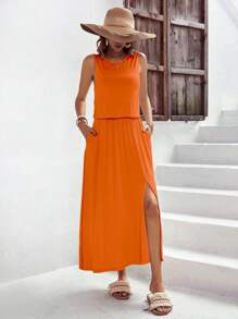 SHEIN LUNE Chất rắn Tách đùi Đầm - trái cam - Xem 4