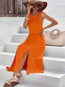 SHEIN LUNE Chất rắn Tách đùi Đầm - trái cam - Xem 5