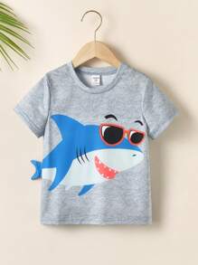 SHEIN Chico joven Camiseta con estampado de tiburón - Gris - Ver 1
