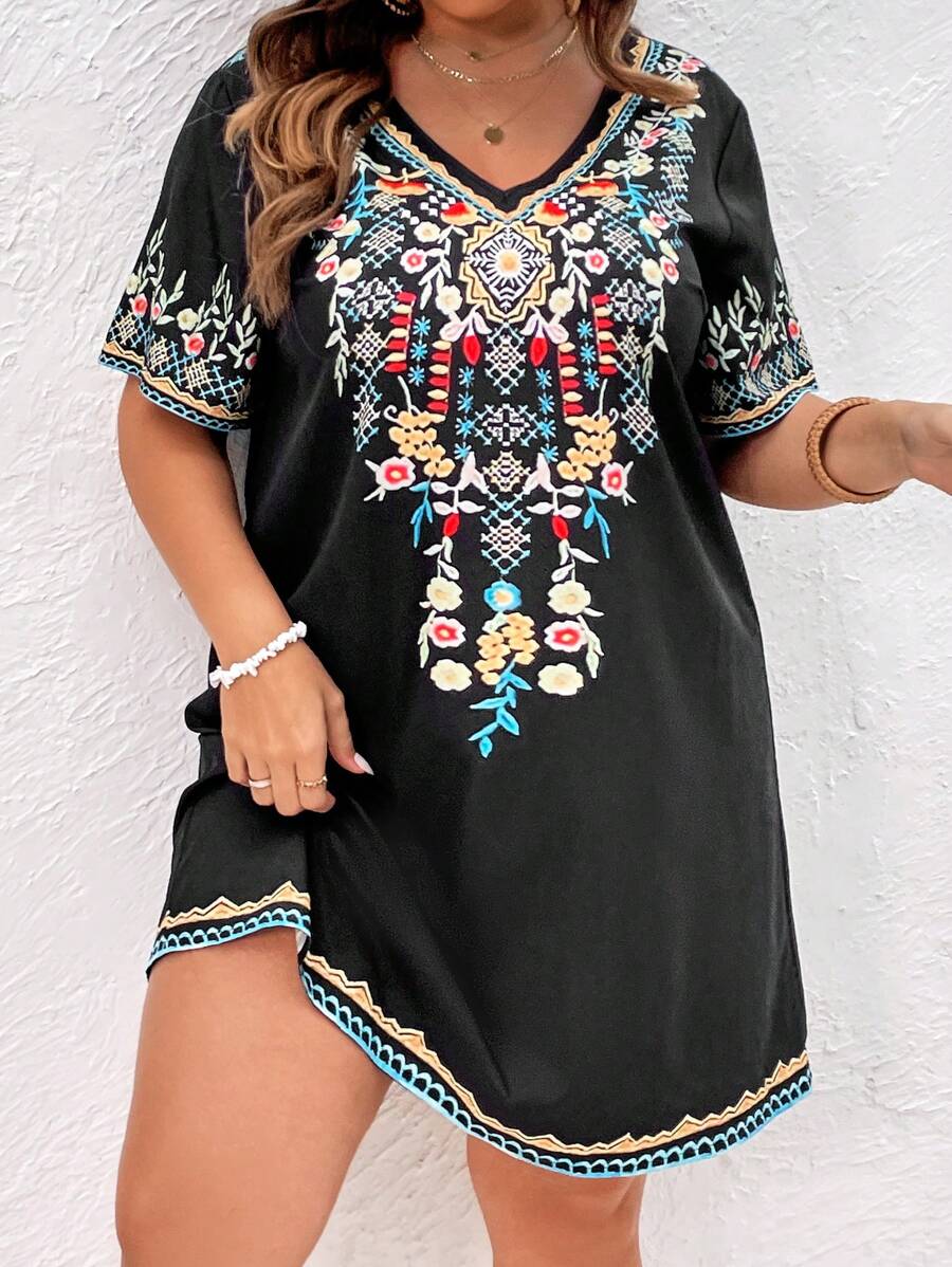 SHEIN VCAY Hơn In hoa Cổ v Mùa hè Đầm - màu đen - Xem 1