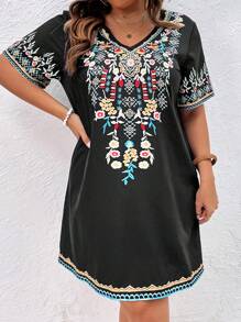 SHEIN VCAY Hơn In hoa Cổ v Mùa hè Đầm - màu đen - Xem 4