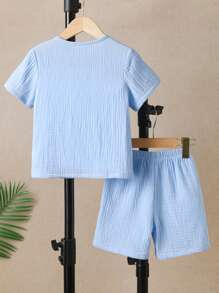 SHEIN Chico joven con diseño de botón Camiseta & de cintura con cordón Shorts - Azul - Ver 2