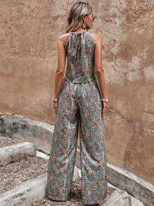 SHEIN LUNE Paisley Print Ruffle Hem Halter Top & Wide Leg Trousers - Multicolor - View 2