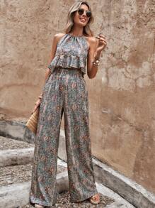 SHEIN LUNE Paisley Print Ruffle Hem Halter Top & Wide Leg Trousers - Multicolor - View 1