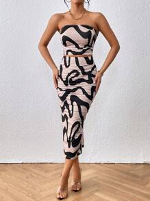 SHEIN Privé 滿版印花抹胸上衣和鉛筆裙 - 彩色 - 查看 3